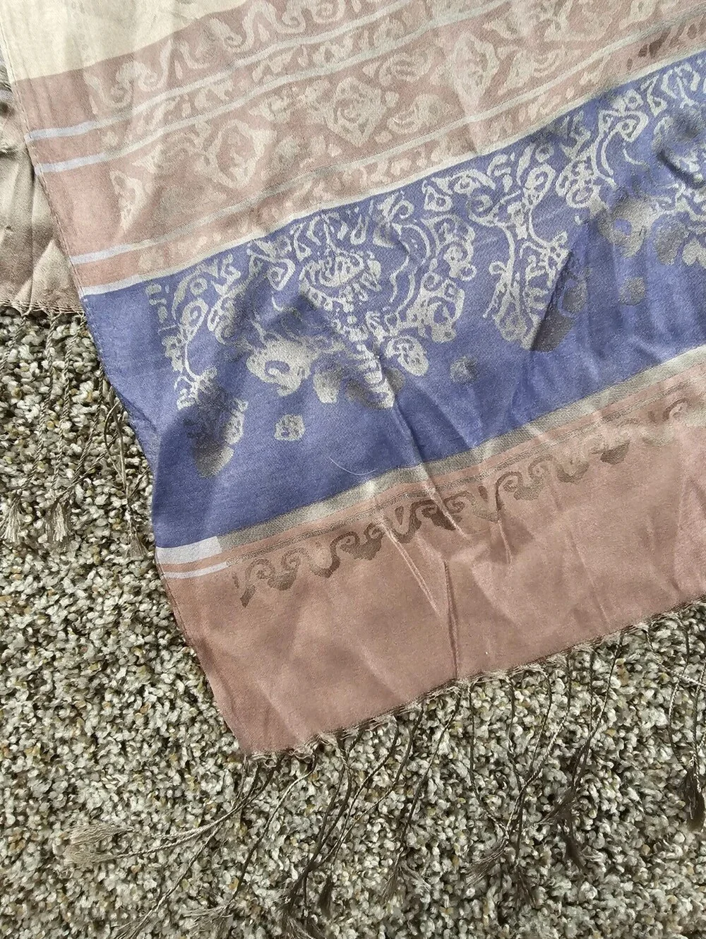 Vintage Cambodian 100% Silk Shawl Scarf Beige Brown Purple Striped Boho